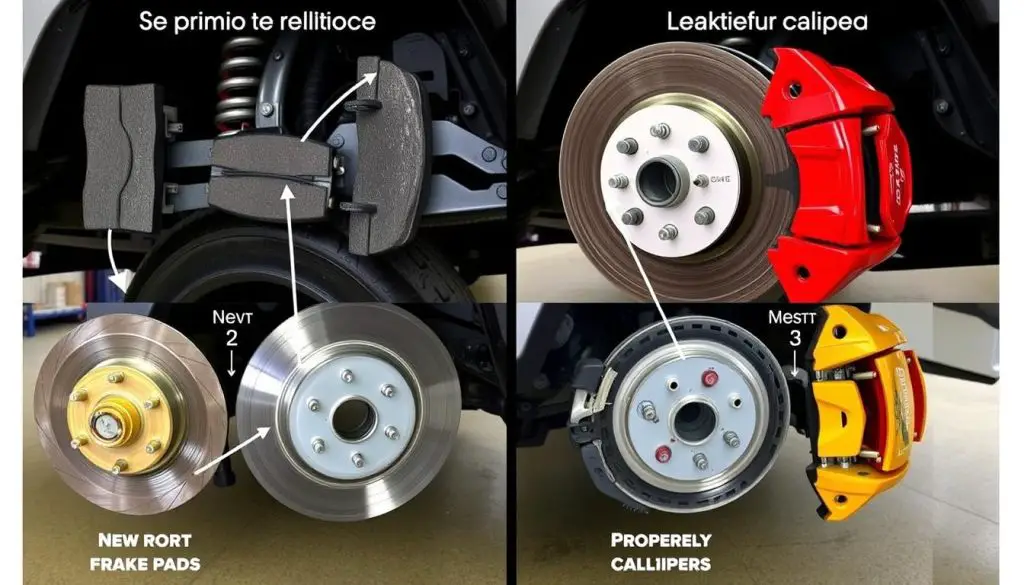 Visual guide showing signs of worn brake pads and rotors on a Jeep Wrangler Visual guide showing signs of worn brake pads and rotors on a Jeep Wrangler