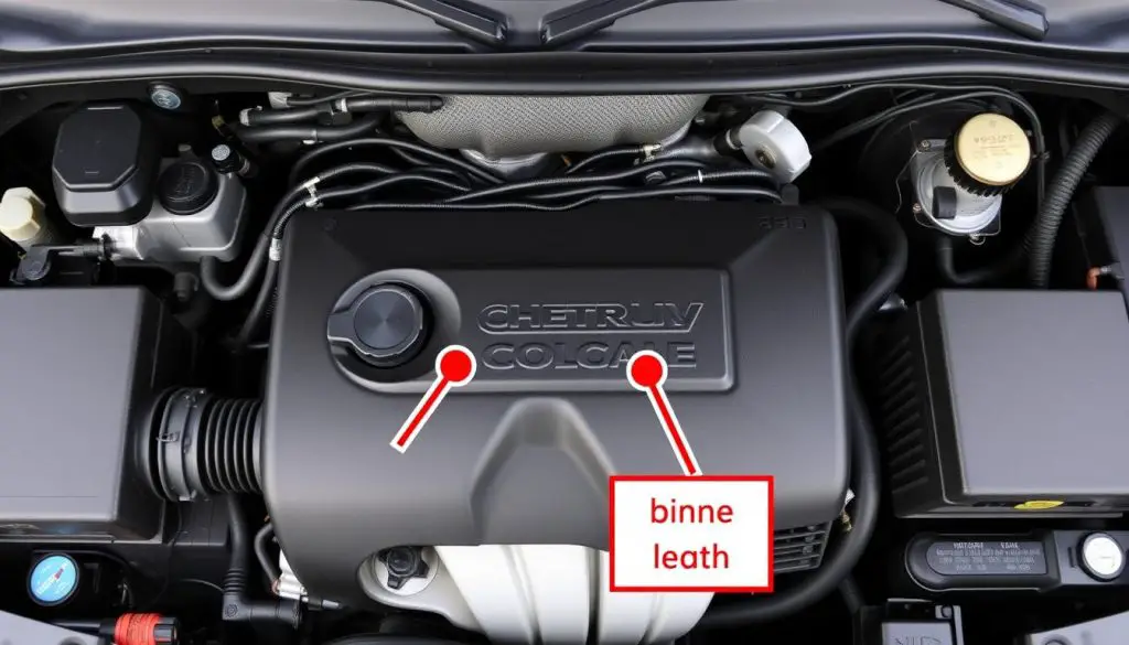 2008 Chevy Colorado engine bay with oil fill cap and dipstick locations highlighted