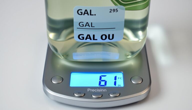 A gallon container of gasoline being weighed on a precision scale showing approximately 6 pounds