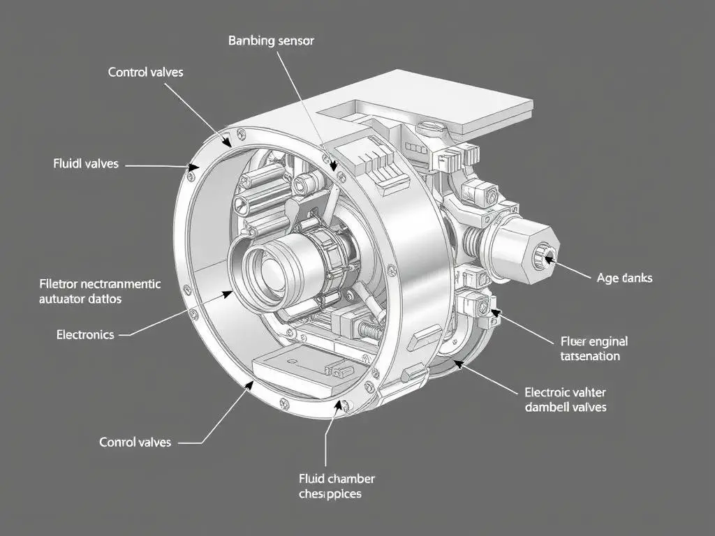 Active engine mount cutaway showing electronic components and fluid chambers