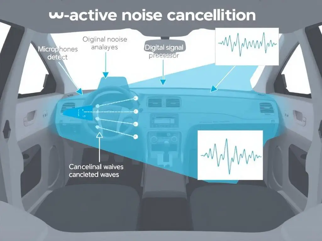Active noise cancellation system diagram showing microphones, processors and speakers