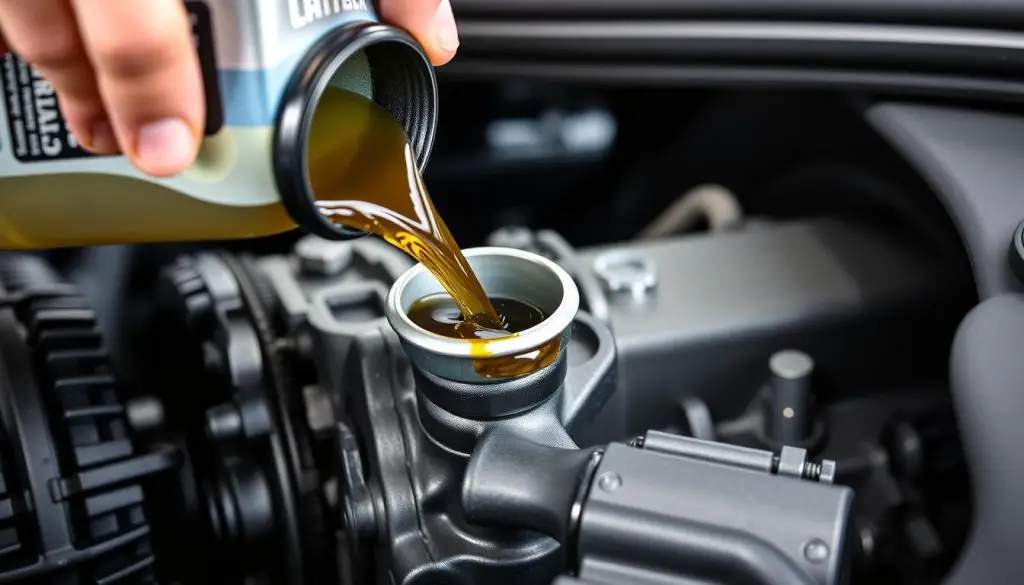 Adding transmission fluid to GMC Acadia using a funnel Adding transmission fluid to GMC Acadia using a funnel