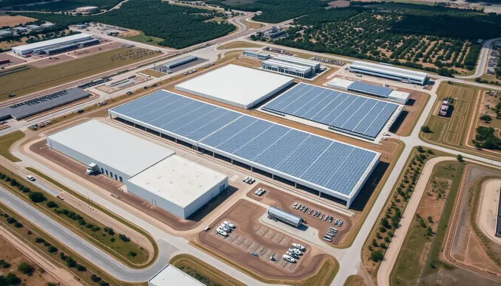 Aerial view of Tesla Giga Texas factory showing the massive scale of the facility