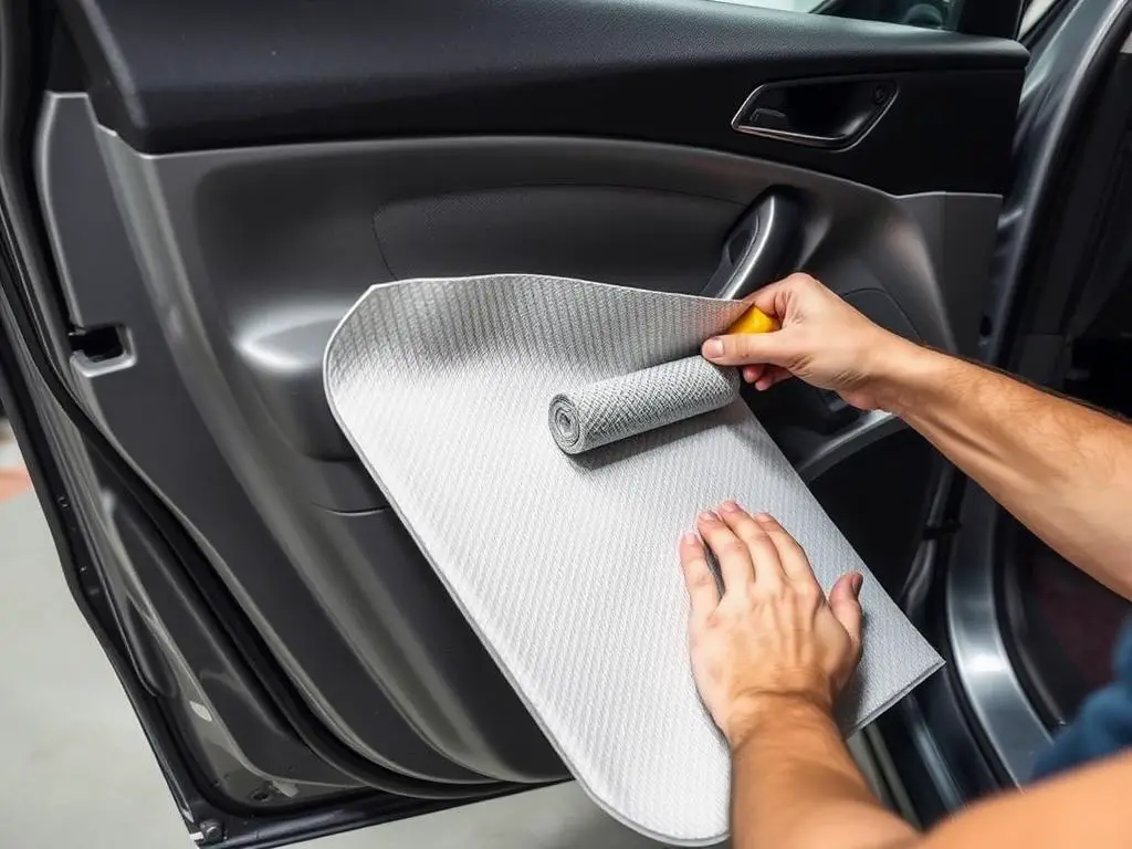 Aftermarket sound deadening material being installed in a vehicle door panel