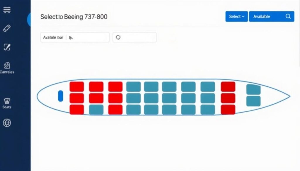 Airline seat selection screen showing a Boeing 737-800 seating chart Airline seat selection screen showing a Boeing 737-800 seating chart