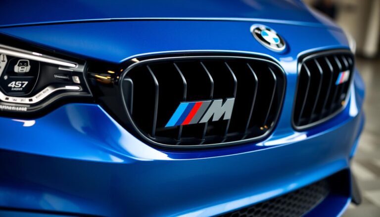 BMW M3 Competition with prominent M badge on car grille showing the M on car meaning