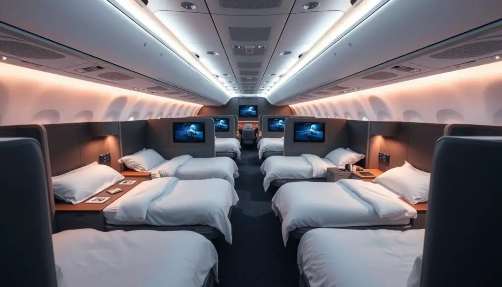 Business class cabin on an Airbus A380-800 showing seat layout and premium features Business class cabin on an Airbus A380-800 showing seat layout and premium features