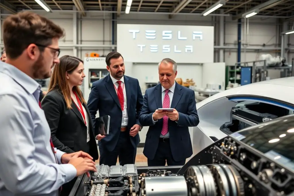 Business professionals in discussion during an industry partner visit to a Tesla facility
