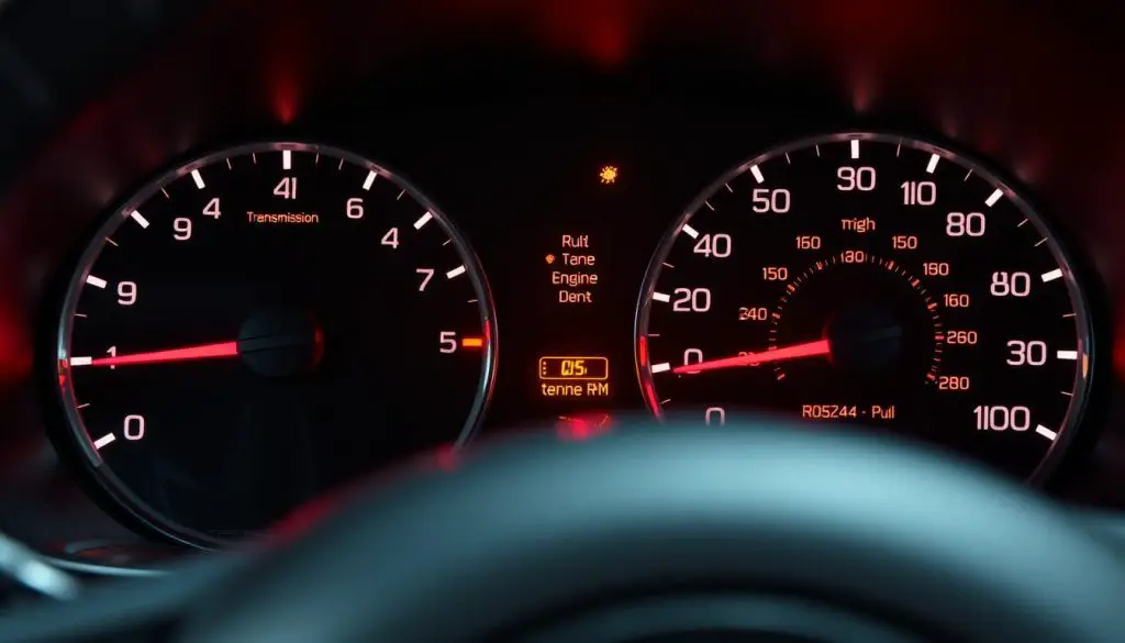 Car dashboard showing warning lights related to transmission issues Car dashboard showing warning lights related to transmission issues