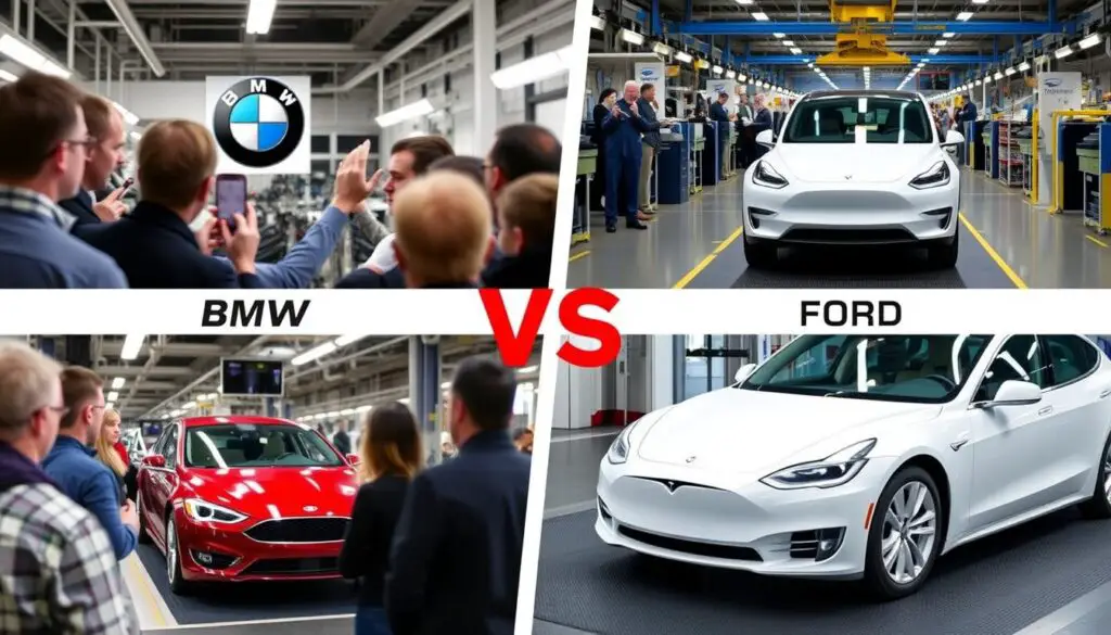 Comparison of different automotive factory tour experiences showing both traditional and EV manufacturers