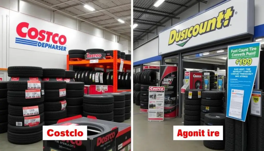 Comparison of tire displays at Costco and a competitor tire shop Comparison of tire displays at Costco and a competitor tire shop