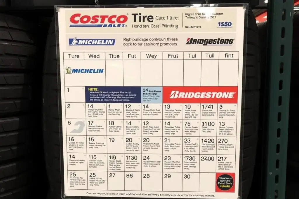 Costco tire center calendar showing alternating Michelin and Bridgestone promotions Costco tire center calendar showing alternating Michelin and Bridgestone promotions