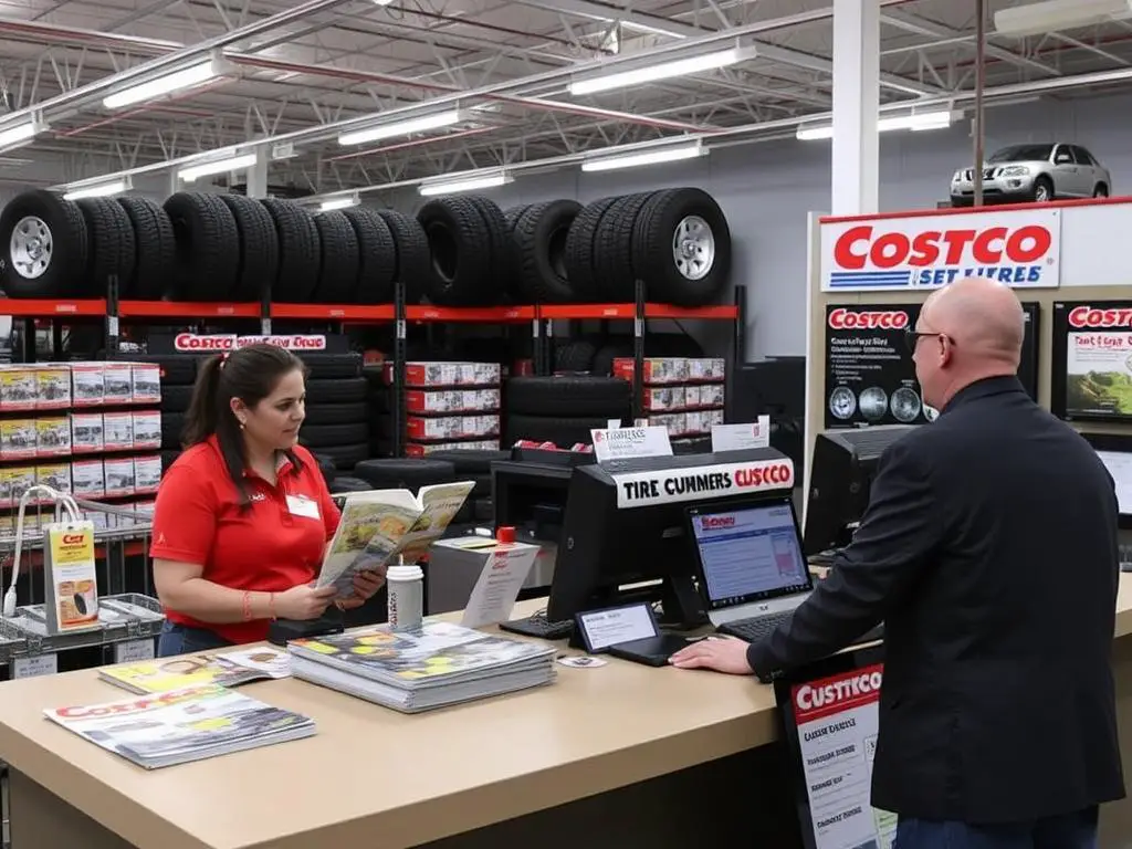 Costco tire center customer service counter with associates helping customers Costco tire center customer service counter with associates helping customers