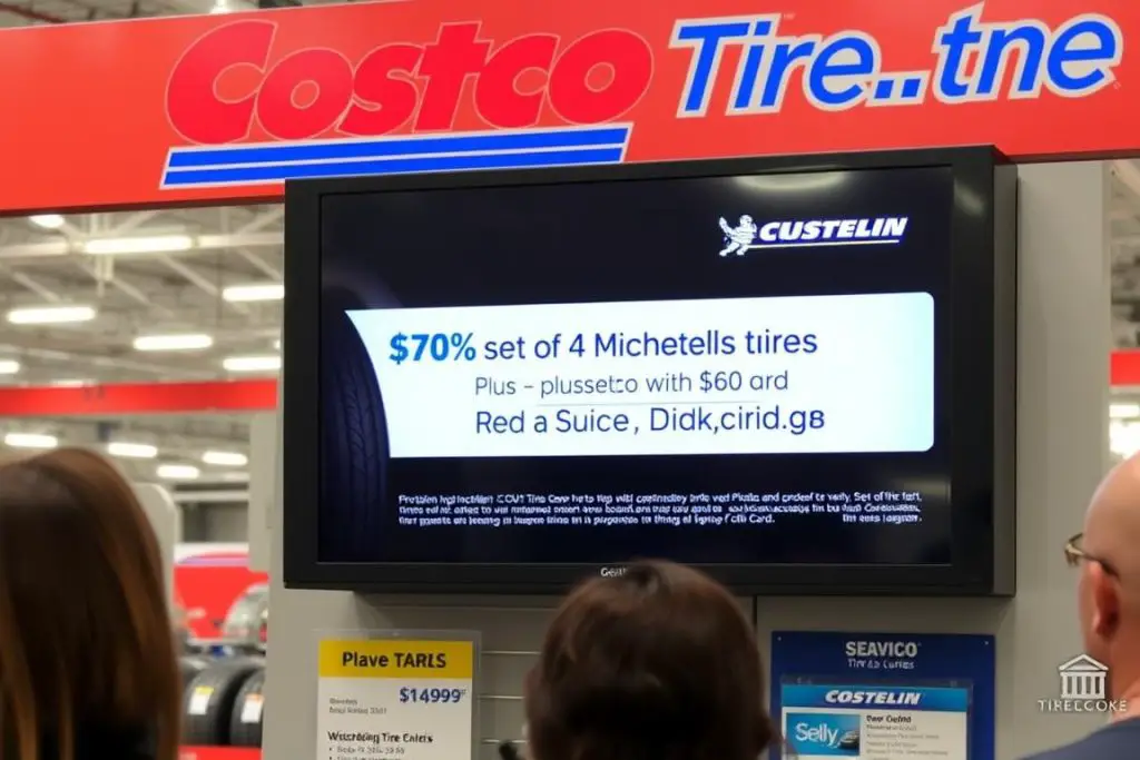 Costco tire center digital display showing current Michelin tire promotion Costco tire center digital display showing current Michelin tire promotion