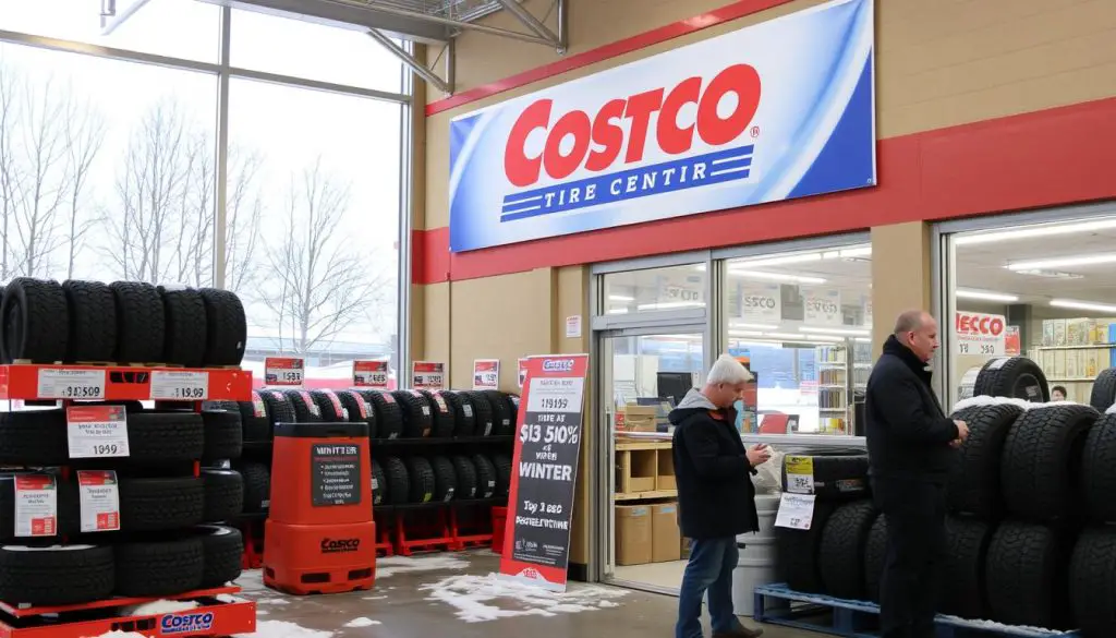Costco tire center in winter with snow tires prominently displayed Costco tire center in winter with snow tires prominently displayed