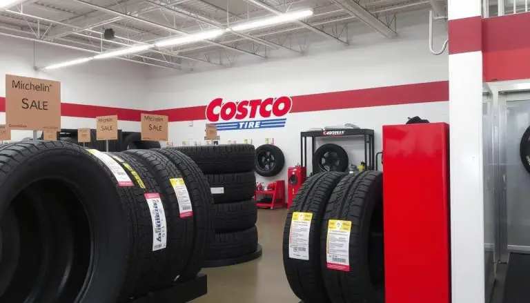 Costco tire center with Michelin and Bridgestone tire displays showing sale signs