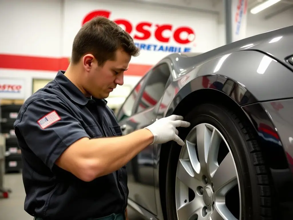 Costco tire technician installing tires on a vehicle Costco tire technician installing tires on a vehicle
