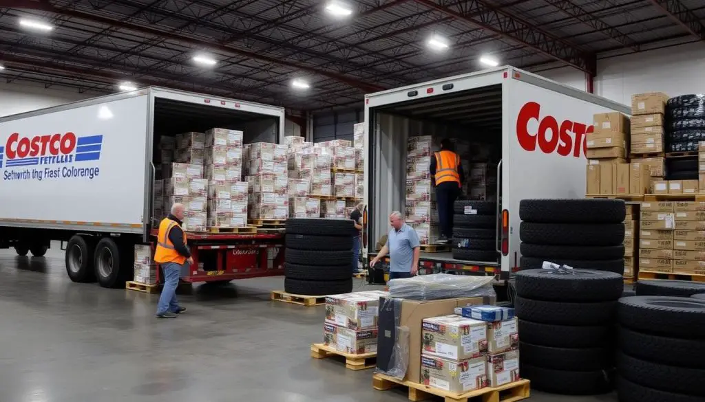 Costco warehouse with new tire inventory being unloaded from delivery truck Costco warehouse with new tire inventory being unloaded from delivery truck