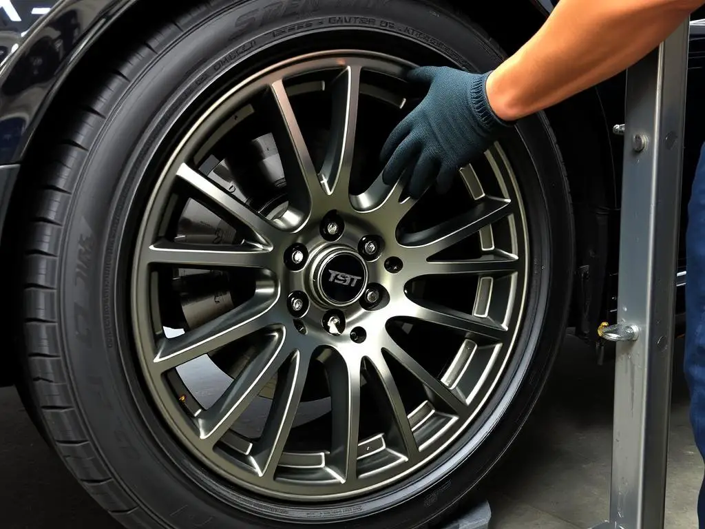 Custom wheels being mounted with new tires Custom wheels being mounted with new tires