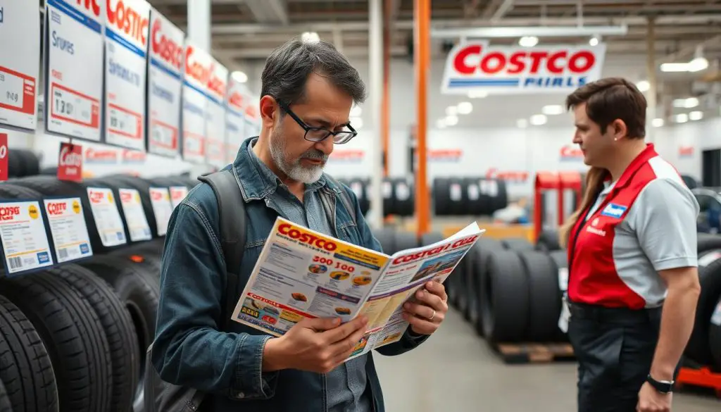 Customer checking Costco coupon book while looking at tires in the tire center Customer checking Costco coupon book while looking at tires in the tire center