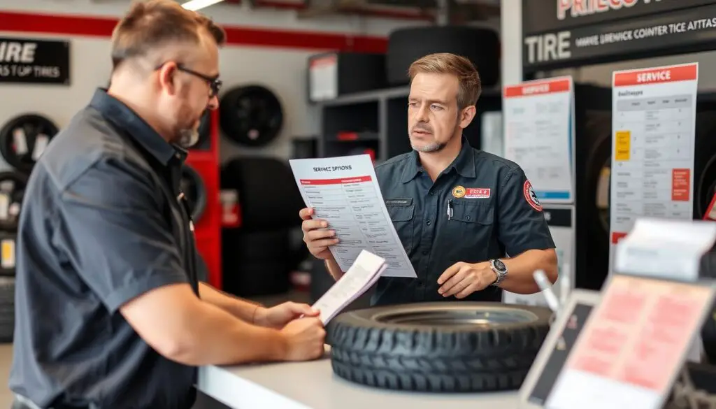 Customer discussing tire mounting options with service advisor Customer discussing tire mounting options with service advisor