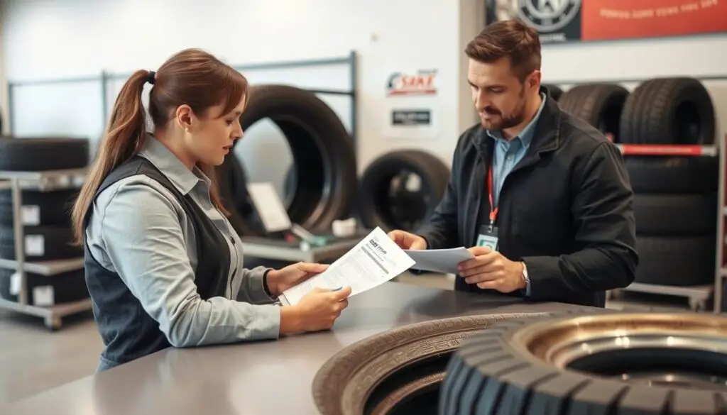Customer filing a tire warranty claim at service counter Customer filing a tire warranty claim at service counter