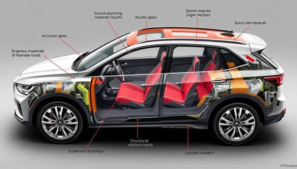 Cutaway view of a vehicle showing various NVH reduction technologies and materials Cutaway view of a vehicle showing various NVH reduction technologies and materials