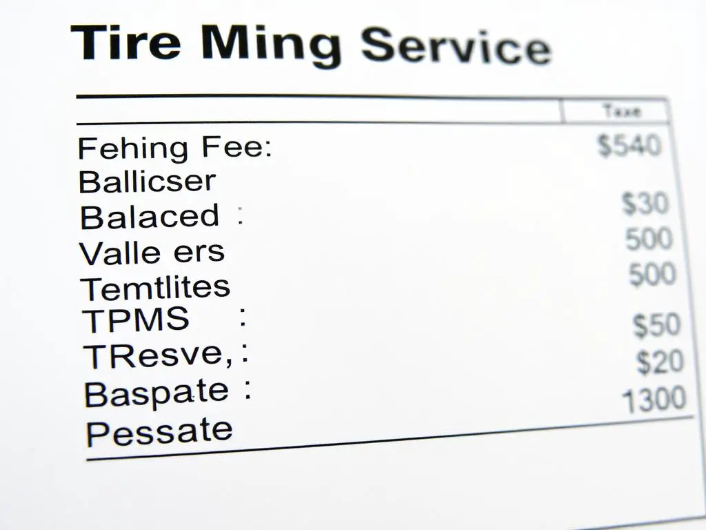 Detailed invoice showing itemized tire mounting services and fees Detailed invoice showing itemized tire mounting services and fees