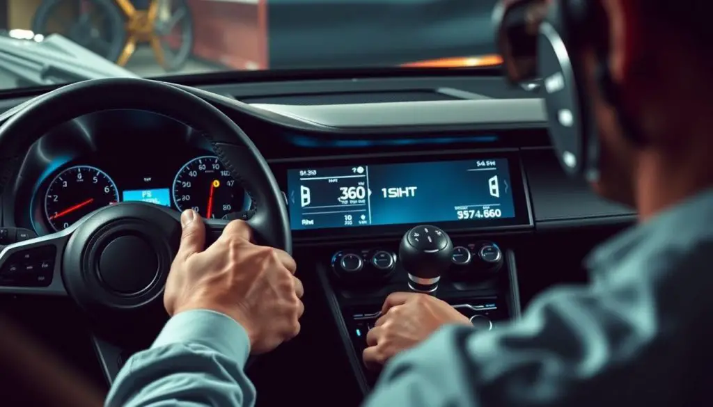 Driver confidently shifting gears at optimal RPM with performance data displayed Driver confidently shifting gears at optimal RPM with performance data displayed
