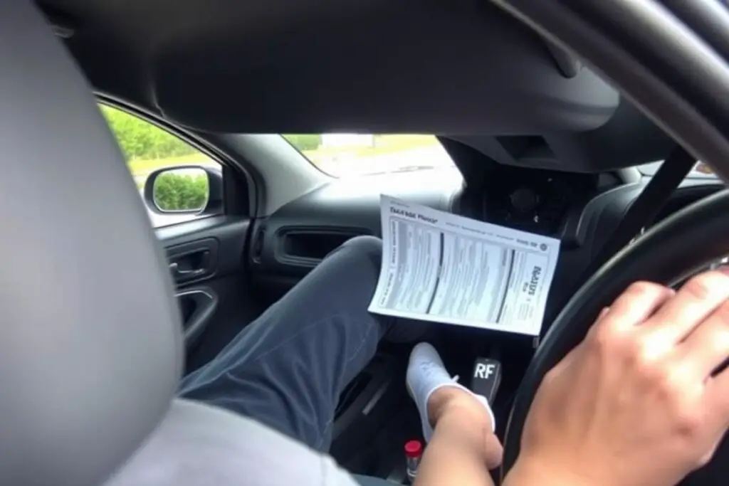 Driver practicing pedal familiarization in a rental car Driver practicing pedal familiarization in a rental car