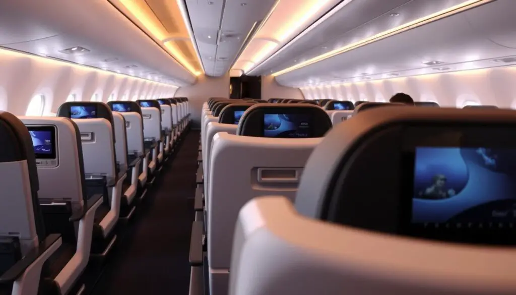 Economy class cabin on an Airbus A380-800 showing seating arrangement and amenities Economy class cabin on an Airbus A380-800 showing seating arrangement and amenities