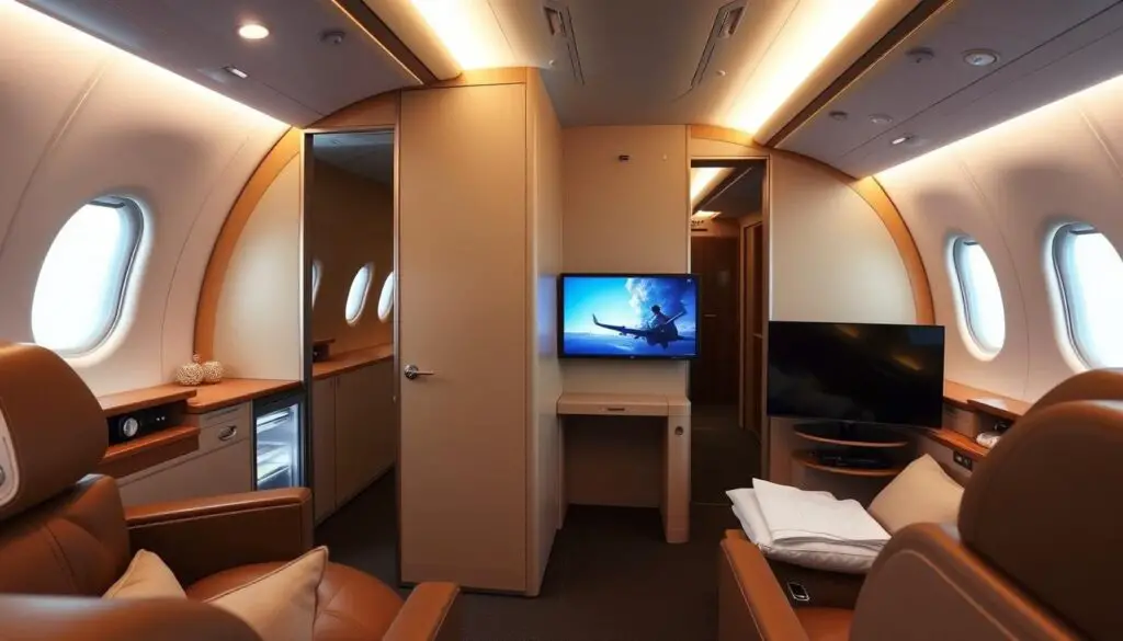 Emirates A380-800 first class suite interior showing luxury features Emirates A380-800 first class suite interior showing luxury features