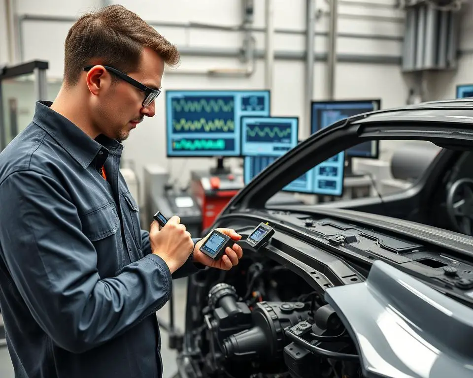 Engineer using accelerometers to measure vehicle vibration during NVH testing