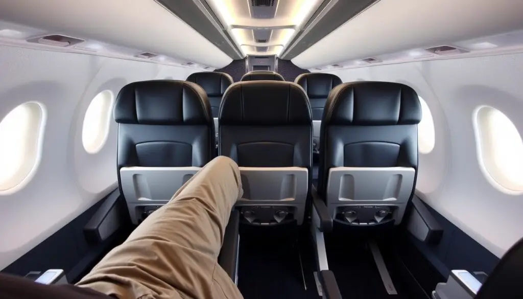 Exit row seats on a Boeing 737-800 showing the extra legroom available Exit row seats on a Boeing 737-800 showing the extra legroom available