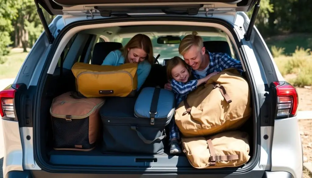 Family loading RAV4 trunk with luggage and gear for a road trip Family loading RAV4 trunk with luggage and gear for a road trip