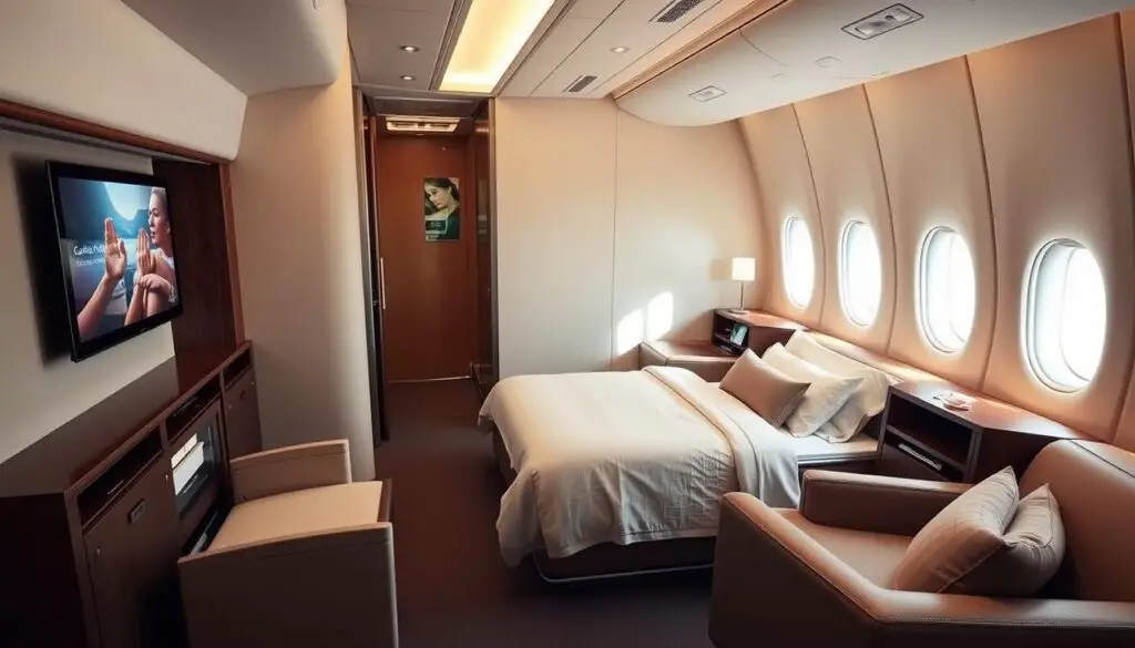 First class suite on an Airbus A380-800 showing private space and luxury amenities First class suite on an Airbus A380-800 showing private space and luxury amenities