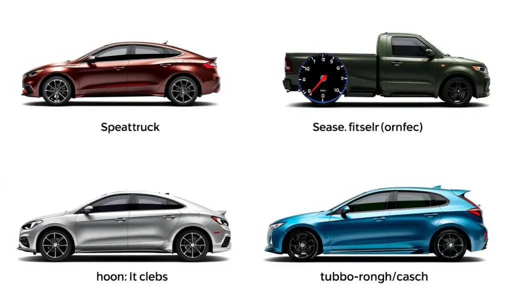 Four different vehicle types with their RPM gauges showing optimal shift points Four different vehicle types with their RPM gauges showing optimal shift points