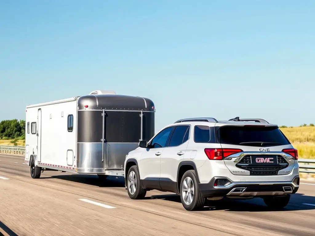 GMC Acadia towing a trailer, representing severe driving conditions GMC Acadia towing a trailer, representing severe driving conditions