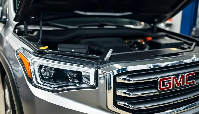 GMC Acadia with hood open showing transmission fluid dipstick location