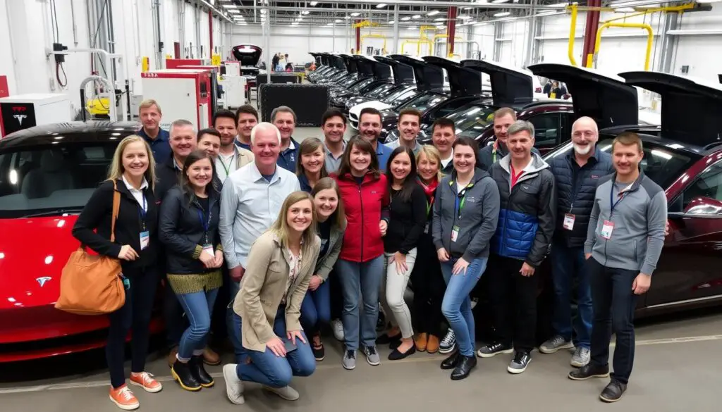 Happy visitors posing for a photo after completing a Tesla factory tour