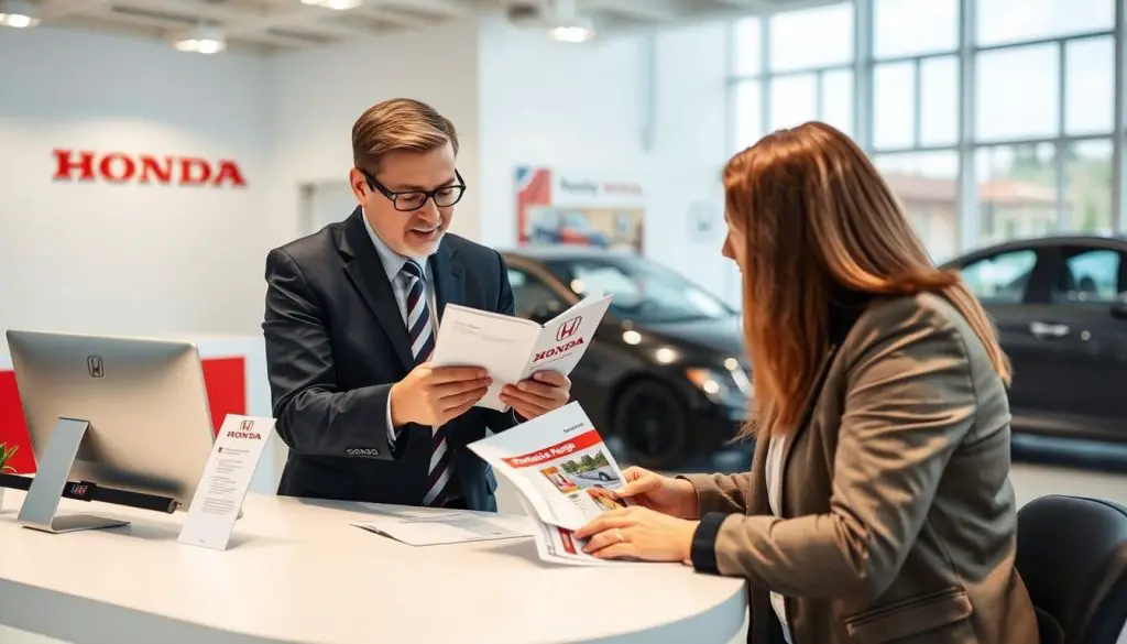 Honda customer service representative explaining protection package details to a customer Honda customer service representative explaining protection package details to a customer