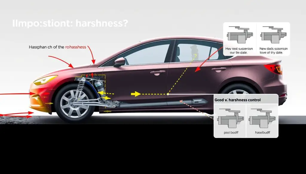 Illustration of harshness in vehicles showing impact forces and suspension response Illustration of harshness in vehicles showing impact forces and suspension response