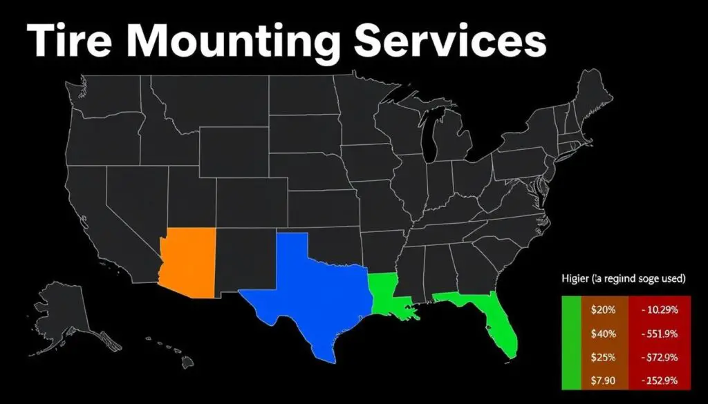 Map showing regional price differences for tire mounting services across the US Map showing regional price differences for tire mounting services across the US
