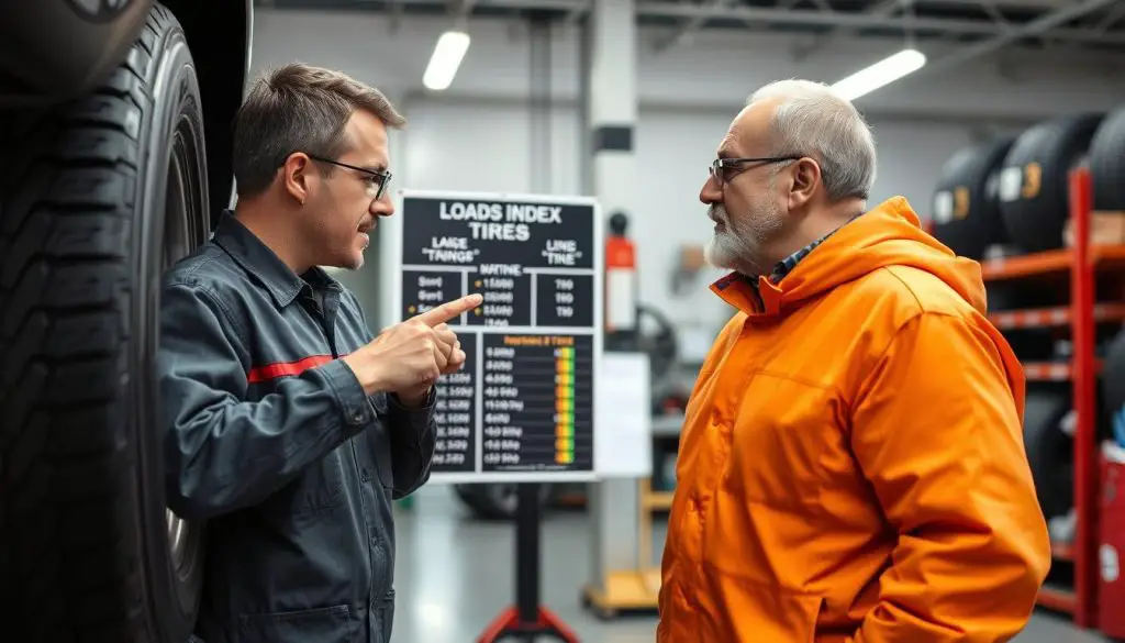 Mechanic explaining tire load index to customer Mechanic explaining tire load index to customer