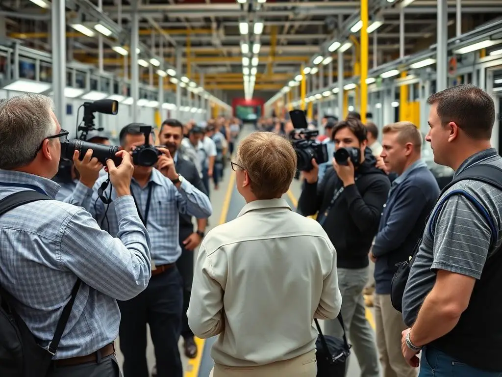 Media representatives with cameras touring a Tesla production line