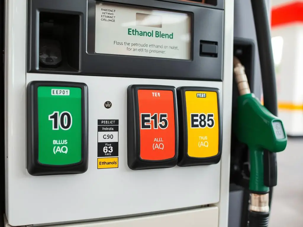Modern ethanol-blended gasoline being pumped showing E10, E15, and E85 options Modern ethanol-blended gasoline being pumped showing E10, E15, and E85 options