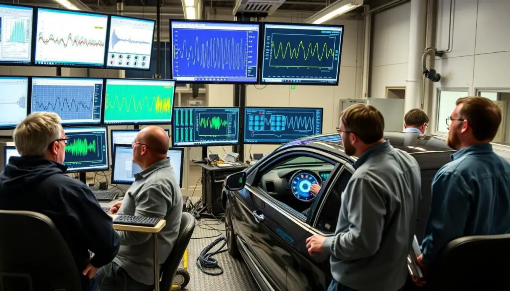 NVH engineers fine-tuning vehicle acoustics in development laboratory