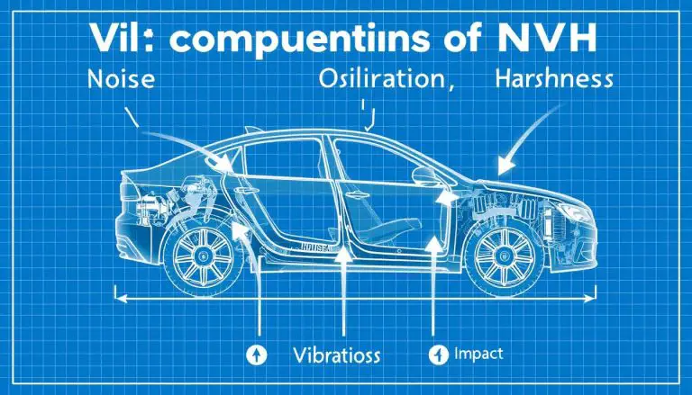 NVH in vehicles diagram showing the three components: noise, vibration, and harshness