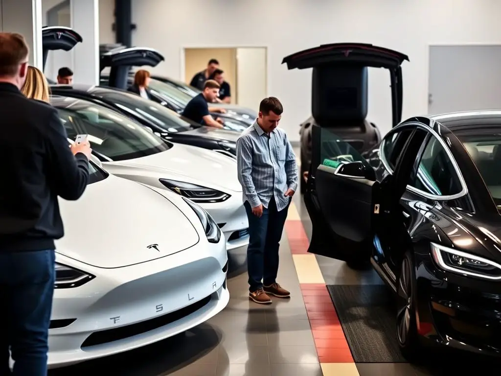 New Tesla owners at a delivery center preparing to take delivery of their vehicles