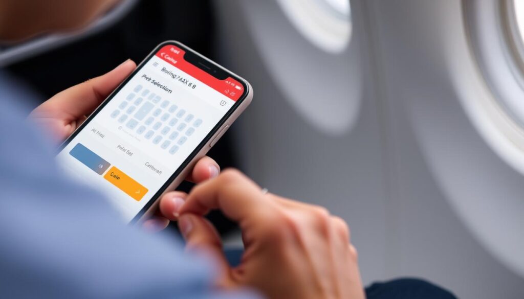 Passenger using airline app to select seats on Boeing 737 MAX 8 Passenger using airline app to select seats on Boeing 737 MAX 8